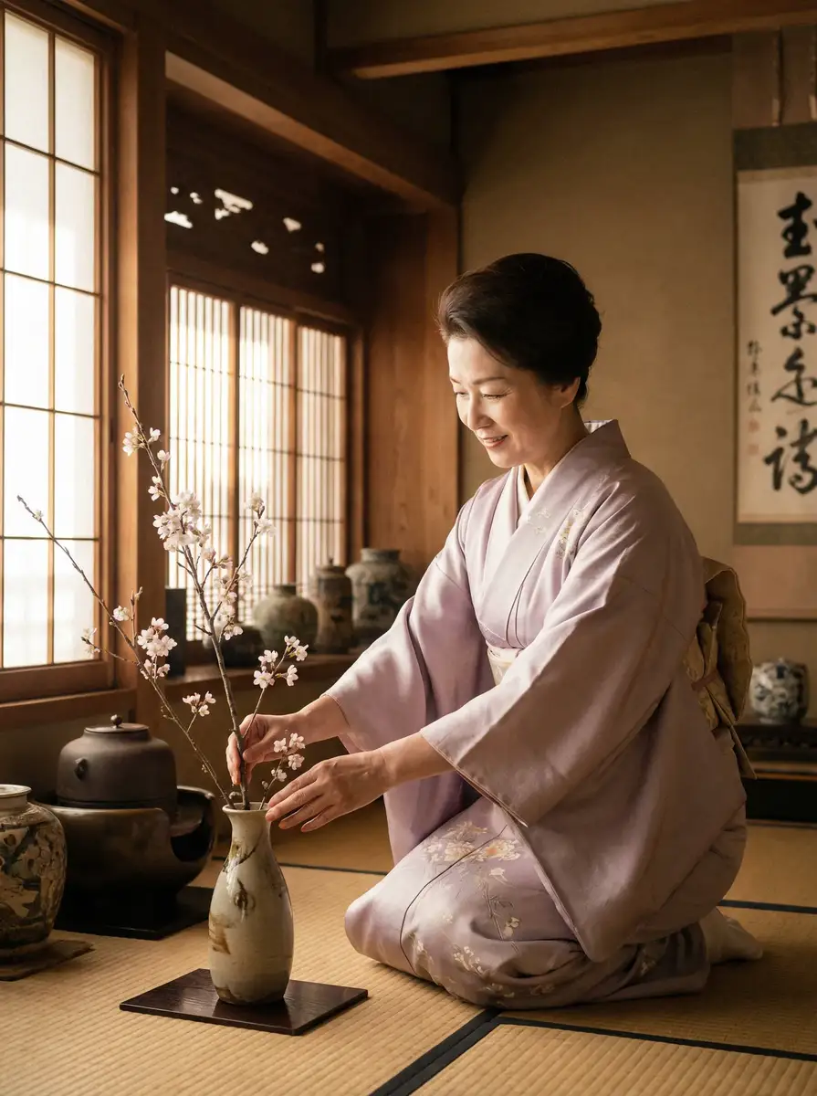 一位优雅的 水菜丽合集 在和室中插花